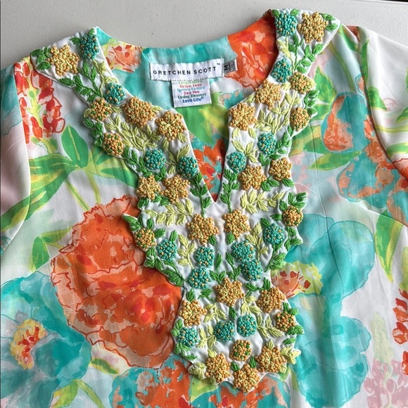 Gretchen Scott Designs Floral Tunic Blouse 3/4 Sleeve Crochet Knit Flowers - Picture 9 of 16